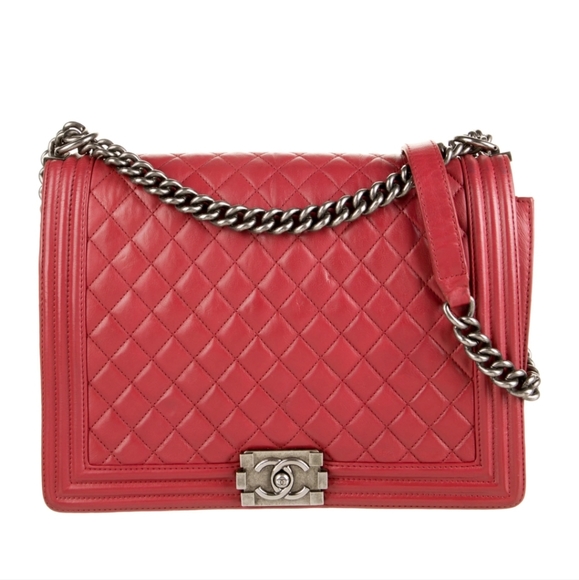 CHANEL, Bags, Chanel Large Red Leather Boy Chain Link Shoulder Crossbody Bag  Purse Diamond